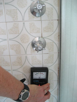 Our state of the art moisture meter has detected a leak in the shower pipework behind the tiles, impossible to detect by the naked eye and is causing damage within the walls and possibly attracting termites into the adjacent timber floor.